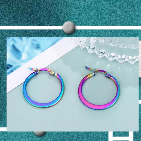 Rainbow Hoop Earrings Round Iridescent  Earrings Stainless Steel NWT - Picture 2 of 4